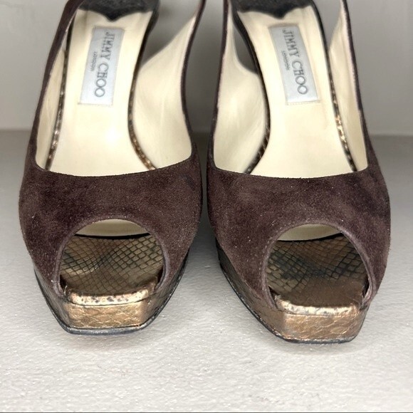 Jimmy Choo Brown Suede Peep Toe Slingback Heels Pumps Women’s EU 40 US 10 - Picture 7 of 15